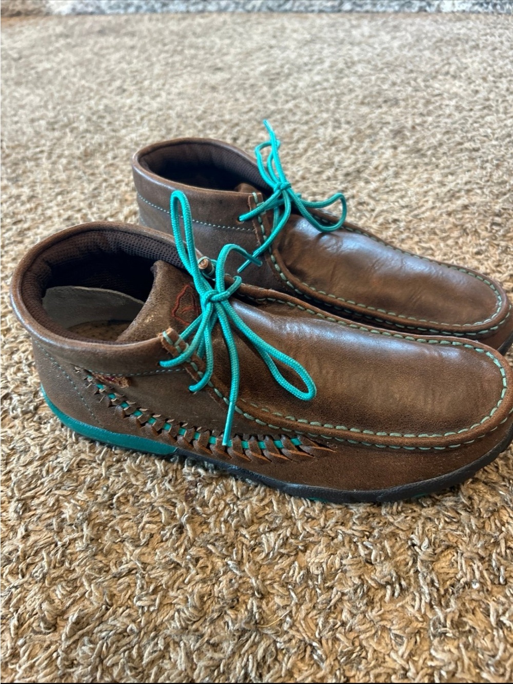 Women’s Brown Leather Casual Moc Toe Shoes with Teal Accents